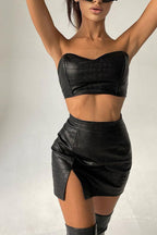 Sexy PU Crop Top High-Waisted Slit Skirt Two Pieces Set