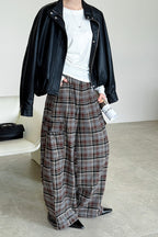 Retro Colorblock Plaid Casual Straight Pants