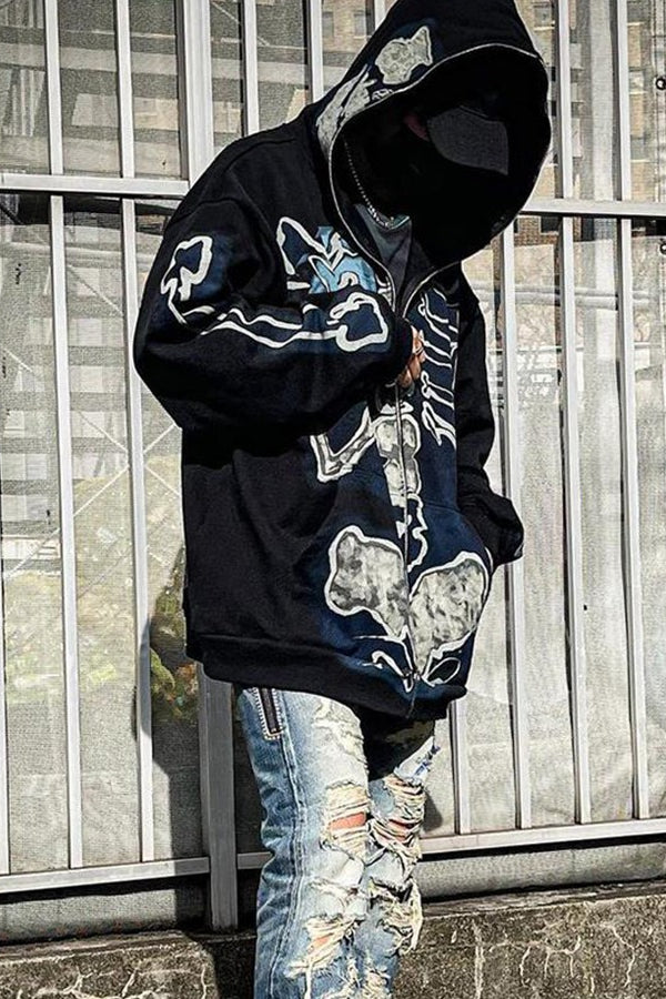 Skull Print Zip Up Hoodie