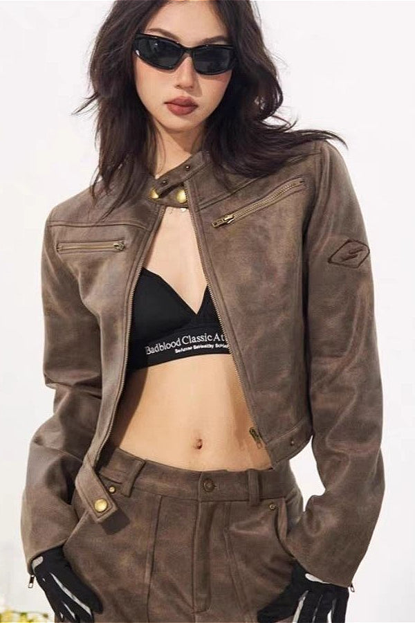 Vintage Stand Collar Suede Jacket