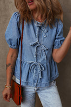 Solid Denim Tie Bow Blouse