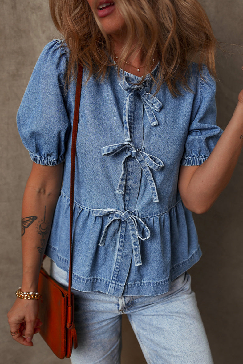 Solid Denim Tie Bow Blouse