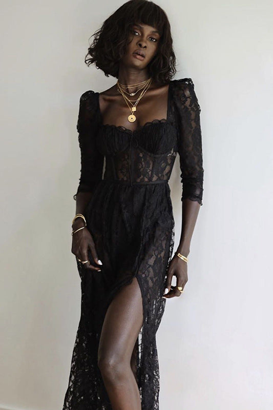 Elegant Lace Square Neck Long Sleeve Split Bodycon Maxi Dress