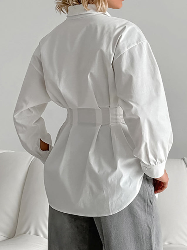 French Chic Long Sleeve Waist-Tied Blouse