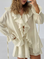 Ruffled Hem Tie Front Cardigan & Shorts Set Blouse