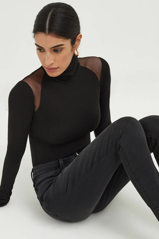High Neck Mesh Panel Bodysuit Knit Top