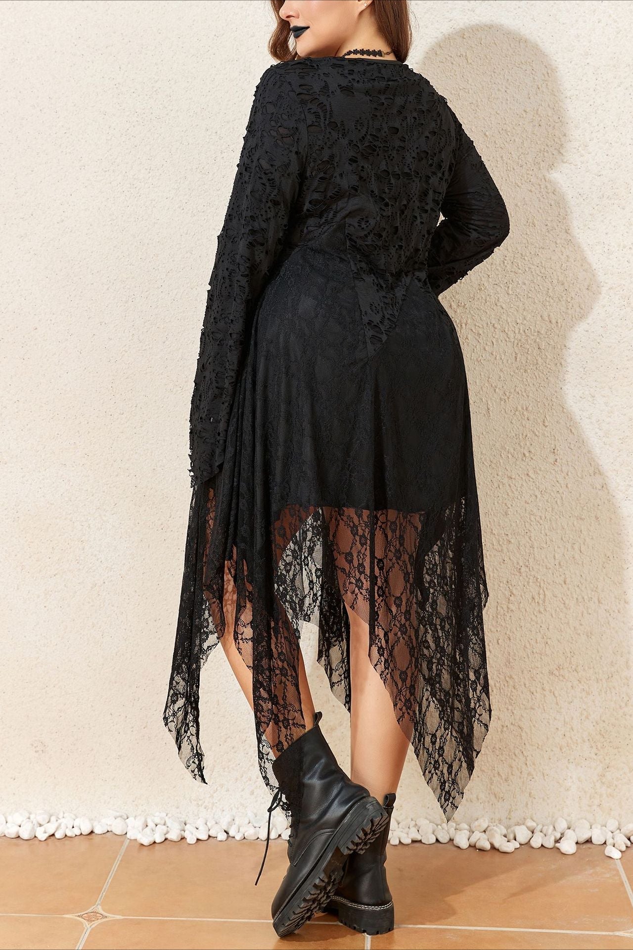 Gothic Lace Plus Size V-Neck Asymmetrical Maxi Dress