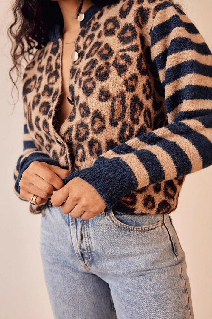 Leopard Print Contrast Cardigan Sweater