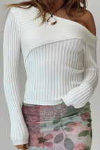 Fitted Off-Shoulder Ribbed Knit Sweater