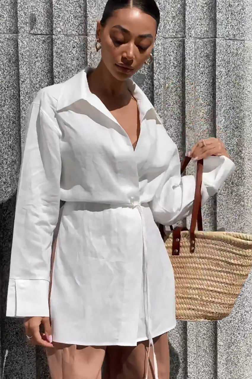 White Long Sleeve Tie Front Linen Blouse