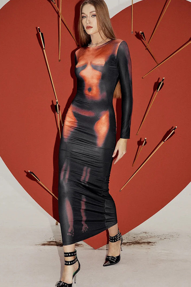 Sexy 3D Body Print Long Sleeve Maxi Dress