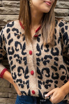 Leopard Print Crewneck Cardigan Sweater