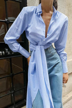 Striped Tie Waist Shirt Blouse
