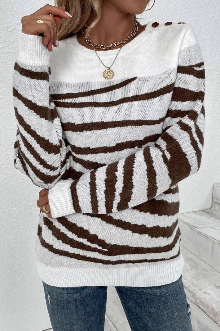 Zebra Colorblock Button Shoulder Sweater