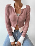 Zip-Front Fitted Knit Cardigan
