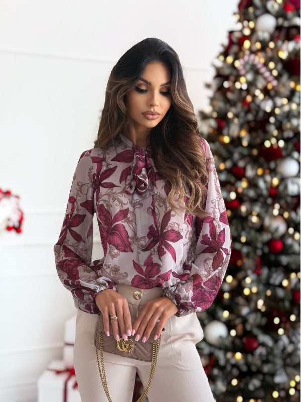 Chiffon Bow Tie Printed Long Sleeve Blouse