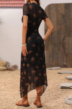 Gothic Dark Floral Print Short Sleeve Floral Dress