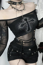 Gothic Rhinestone Cross Knit Top