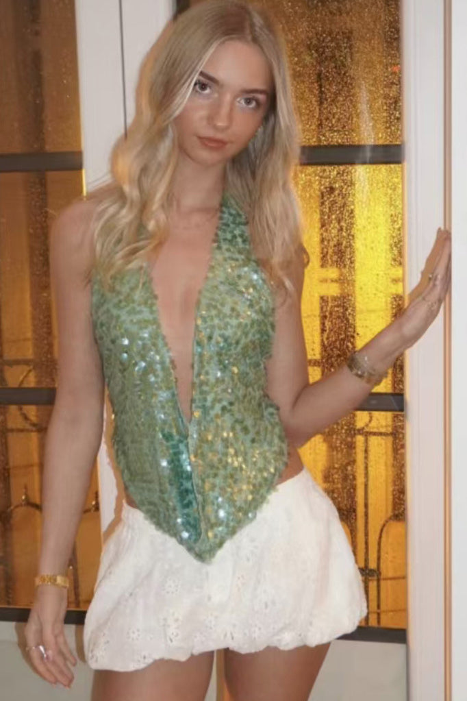 Sequin Halter Backless Top