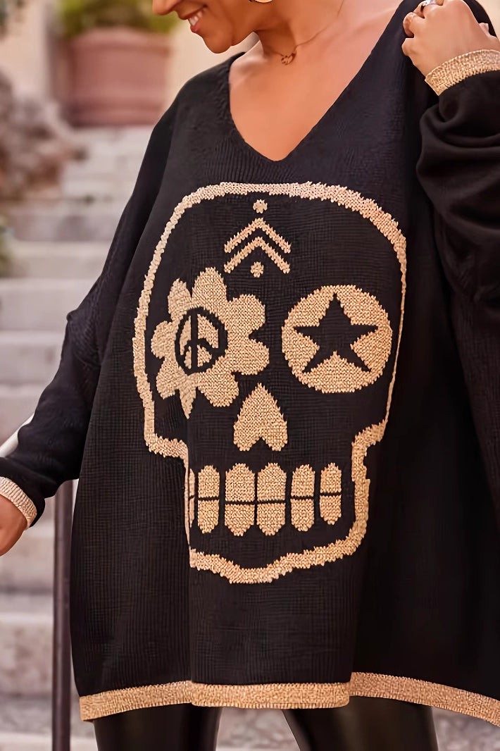 Skull V-Neck Halloween Knit Sweater