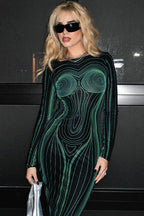 Backless Floral Print Bodycon Long Sleeve Maxi Dress