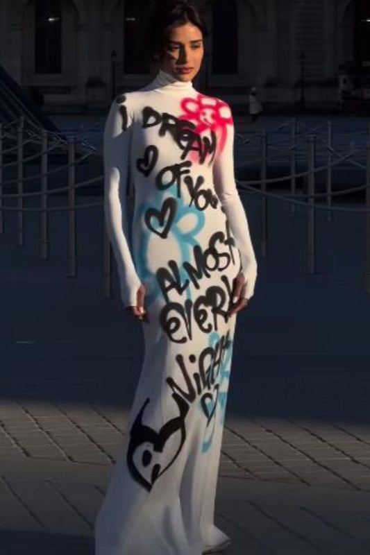 Sexy High Neck Graffiti Color Block Bodycon Maxi Dress