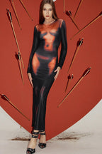 Sexy 3D Body Print Long Sleeve Maxi Dress