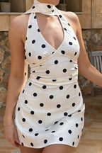 Polka Dot V-Neck Halter High-Waist A-Line Mini Dress