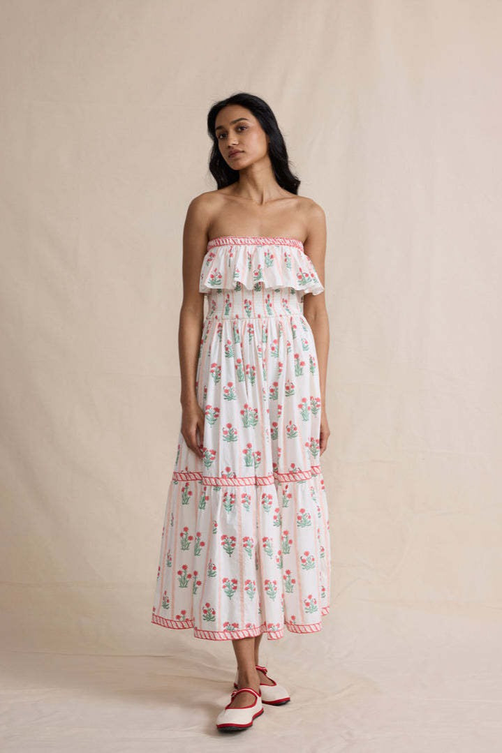 Floral Print Ruffled Trim Boho Dress