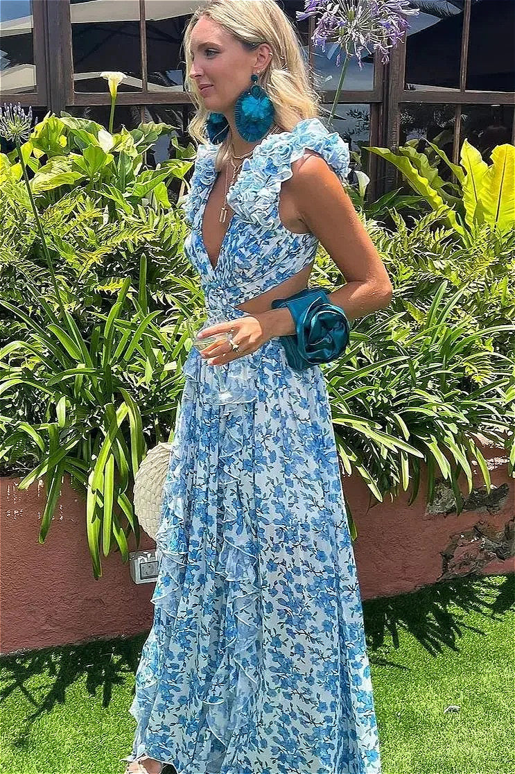 Ruffle Trim Deep V Floral Dress