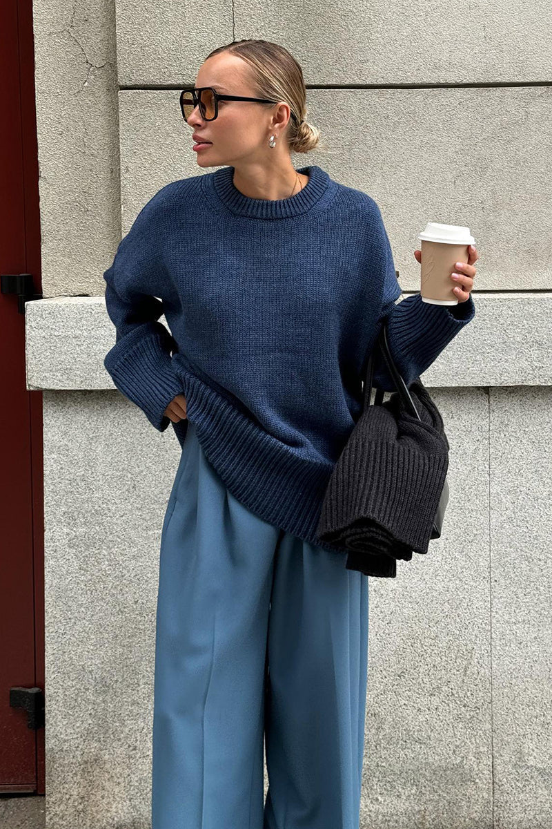 Solid Color Relaxed Fit Crew Neck Knit Sweater