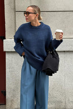 Solid Color Relaxed Fit Crew Neck Knit Sweater
