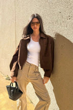 Collared Zipper Faux Suede Jacket