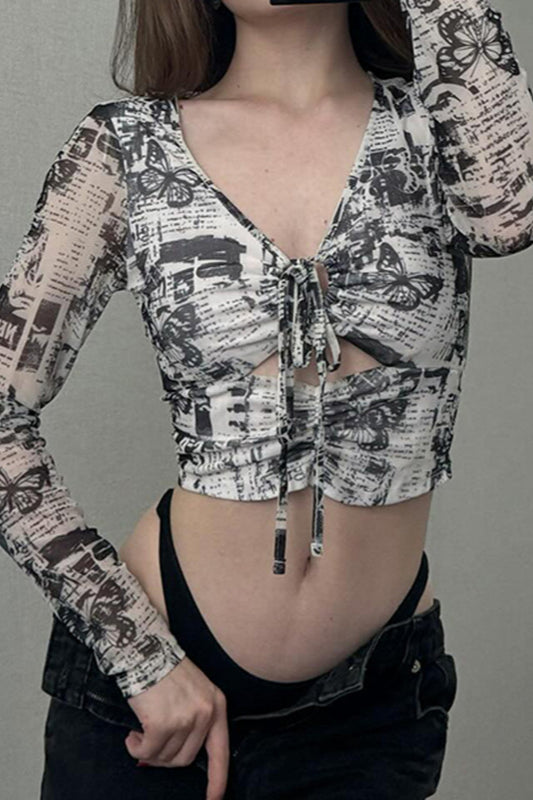 Ruched Ring Tie V-Neck T-Shirt