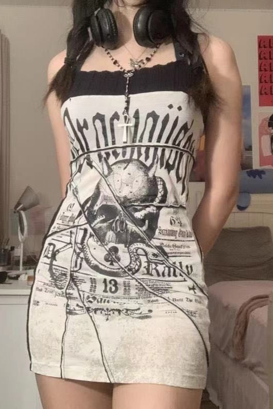 Punk Skull Patch Strap Bodycon Mini Dress