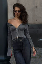 Off Shoulder Zipper Fitted Knit  Blouse