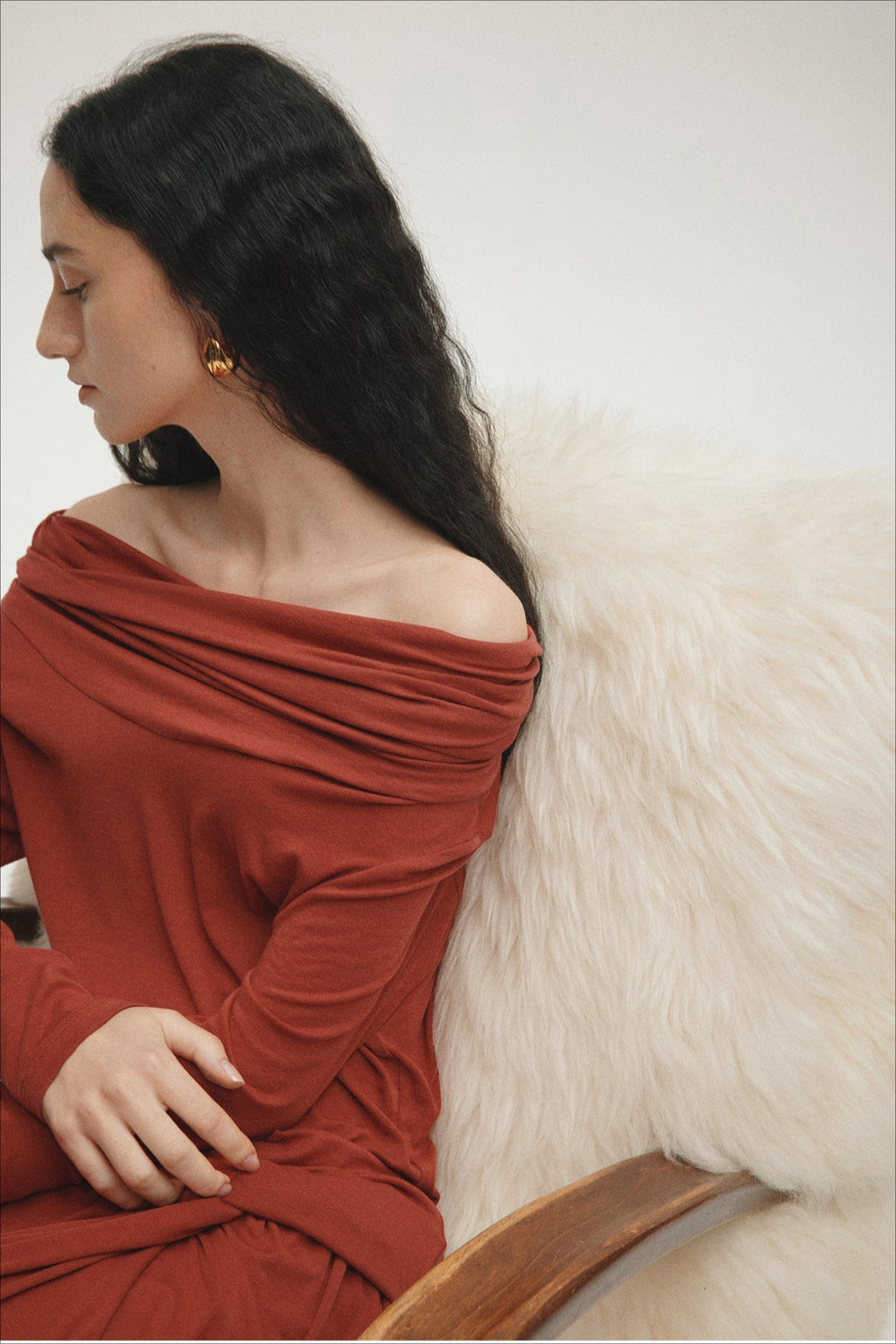 Tencel Off-Shoulder Fitted Knit Sweater