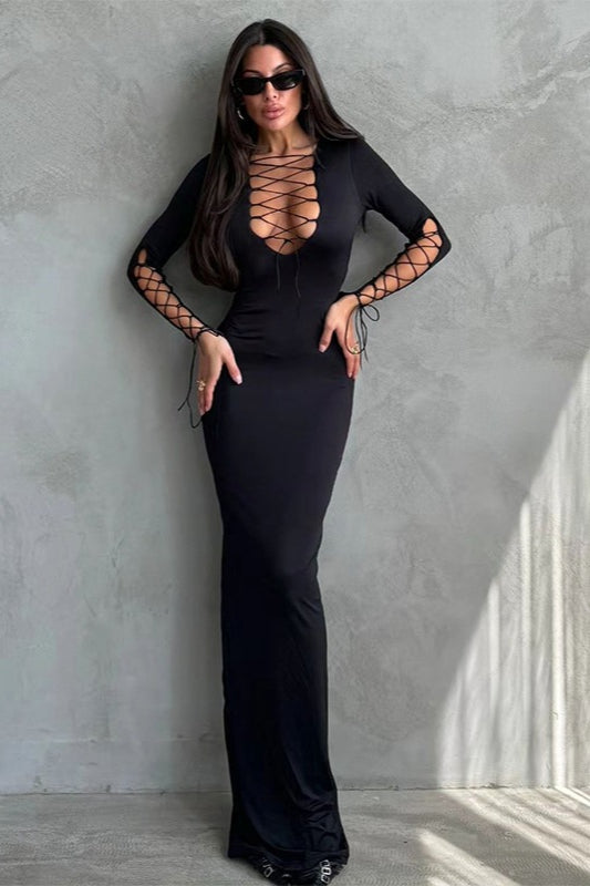 Sexy Lace-Up Cutout Black Long Sleeve Bodycon Maxi Dress
