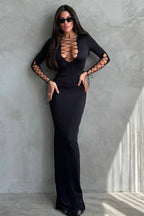 Sexy Lace-Up Cutout Black Long Sleeve Bodycon Maxi Dress
