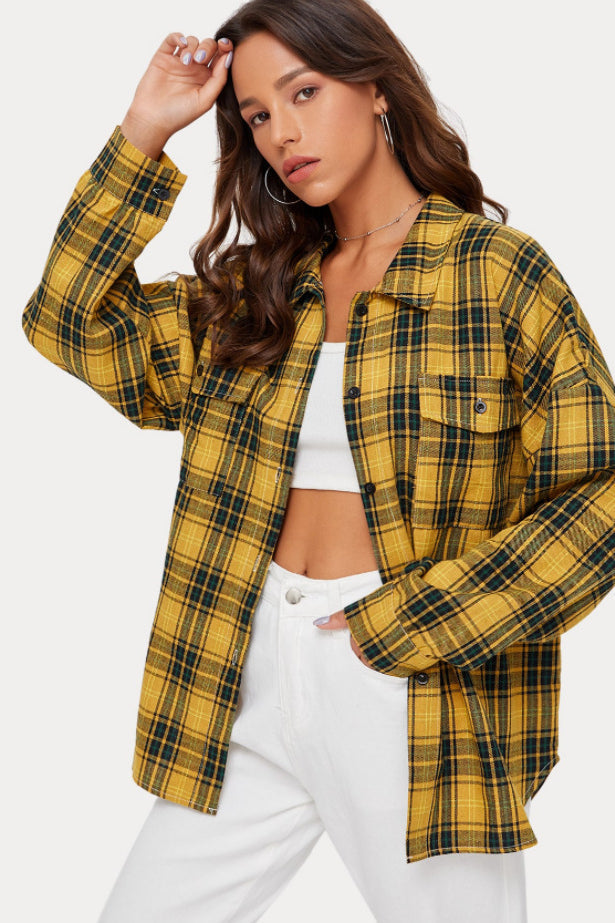 Plaid Stand Collar Button Shirt  Blouse