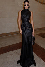 Trendy High Neck Sleeveless PU Leather Maxi Dress