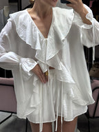 Ruffled Hem Tie Front Cardigan & Shorts Set Blouse