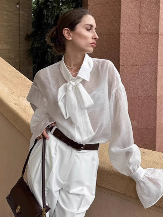 White Tencel Loose Bow Tie Bell Sleeve Blouse