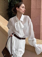 White Tencel Loose Bow Tie Bell Sleeve Blouse