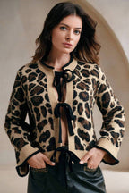 Leopard Print Loose Fit Tie-Front Knit Sweater