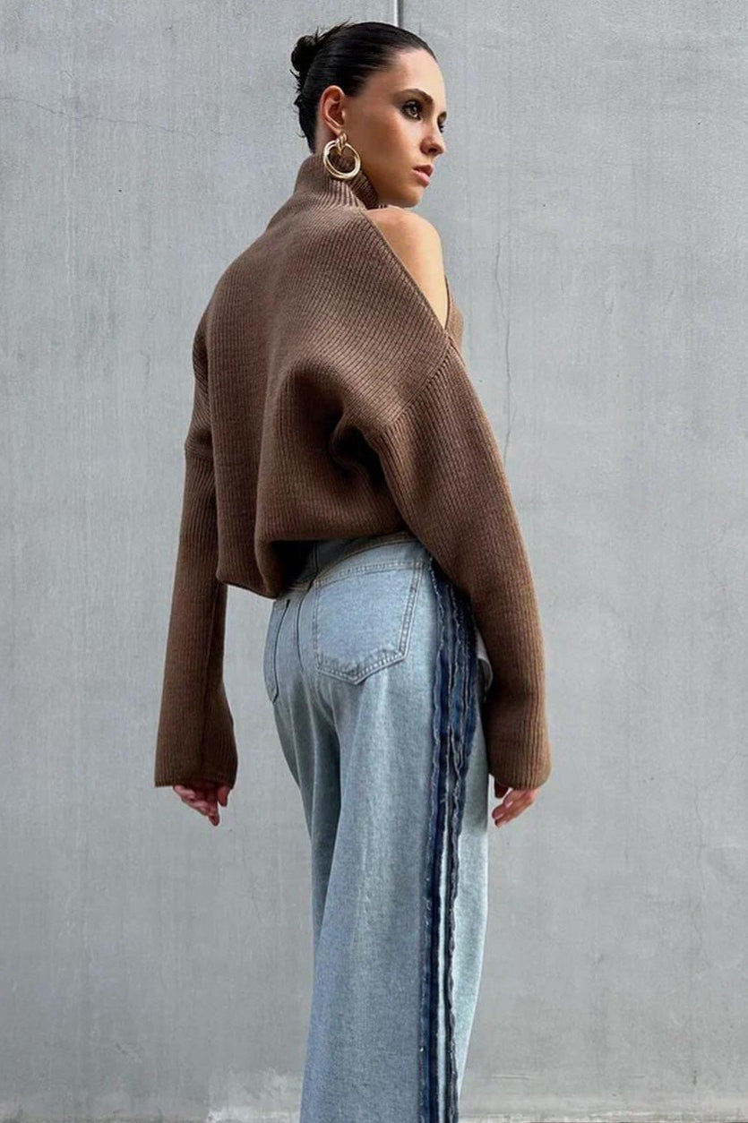 Off-Shoulder Turtleneck Knit Sweater