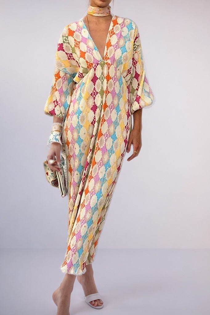 Elegant Floral V-Neck Lantern Sleeve Boho Dress