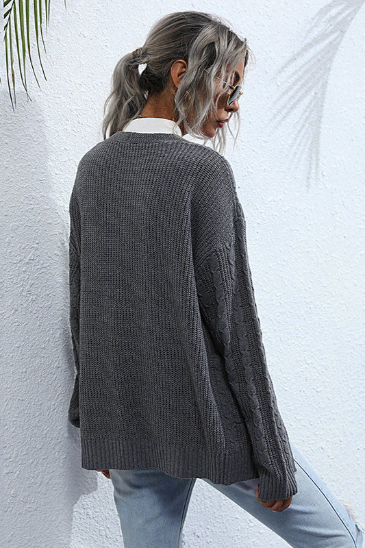 Solid Color Cable Knit Long Cardigan