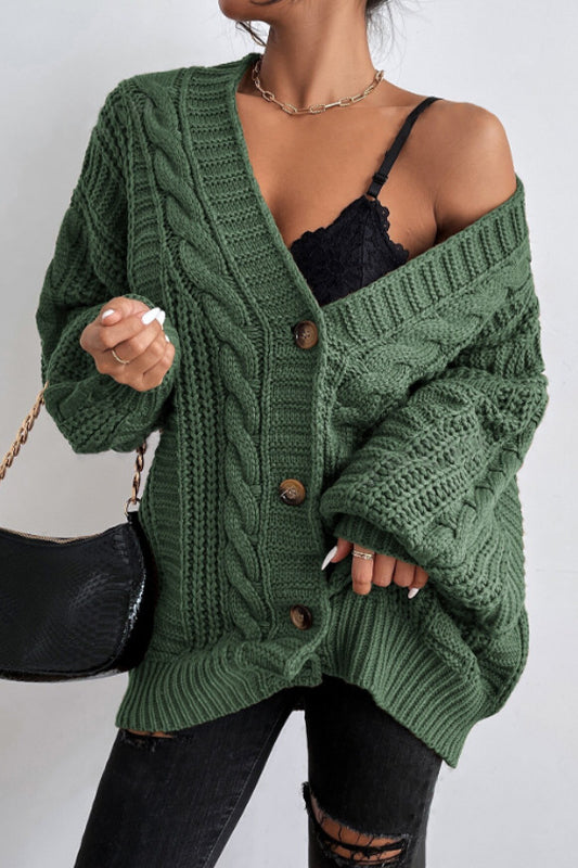 V-Neck Vintage Cable Knit Balloon Sleeve Cardigan