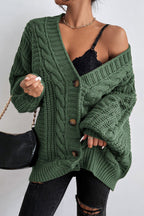 V-Neck Vintage Cable Knit Balloon Sleeve Cardigan